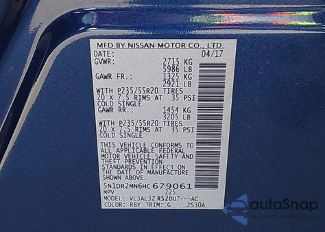 2017 Nissan Pathfinder Platinum from USA, damaged, VIN 5N1DR2MN6HC679061